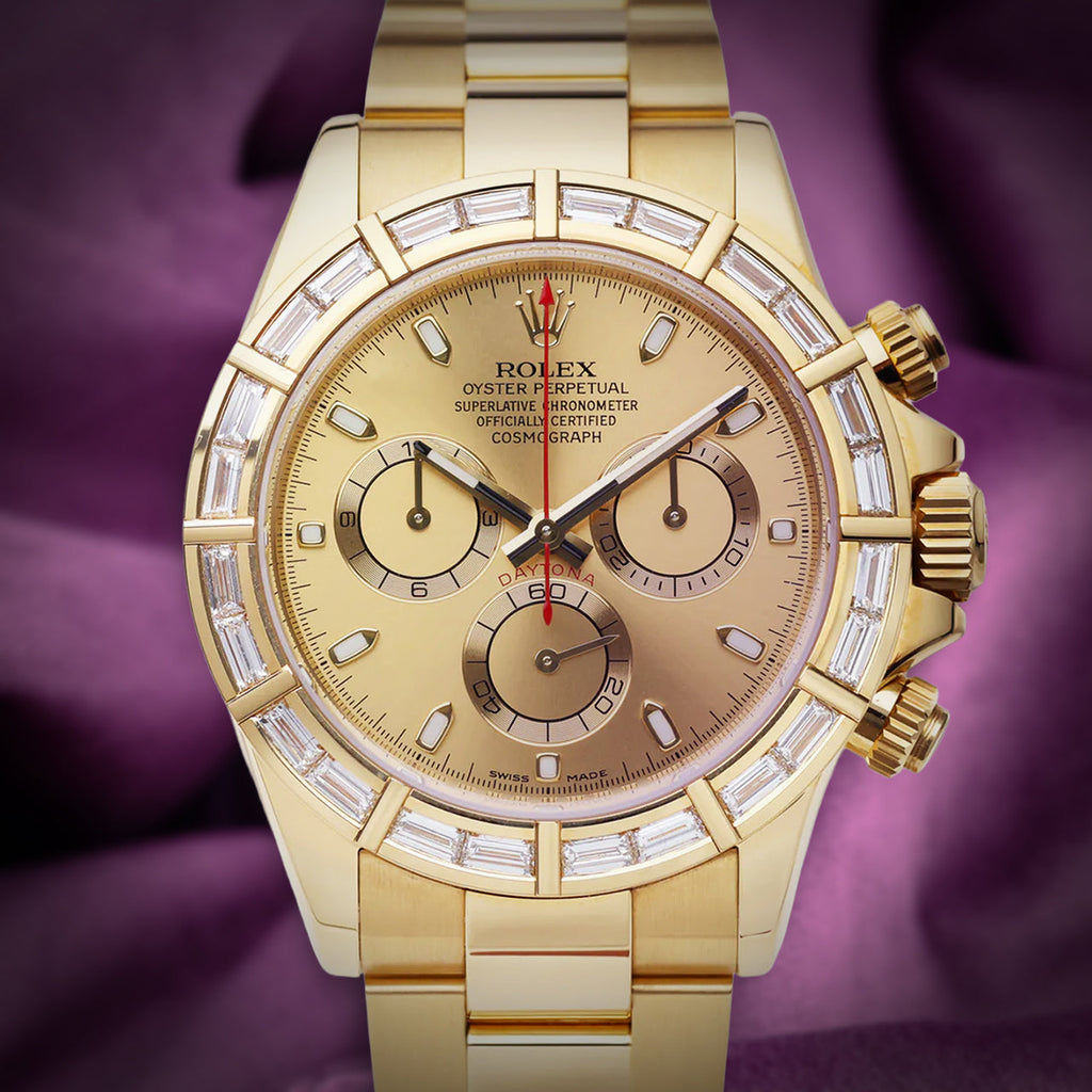 Rolex Daytona 18k Yellow Gold Oyster 116568BR Baguette Diamond Bezel