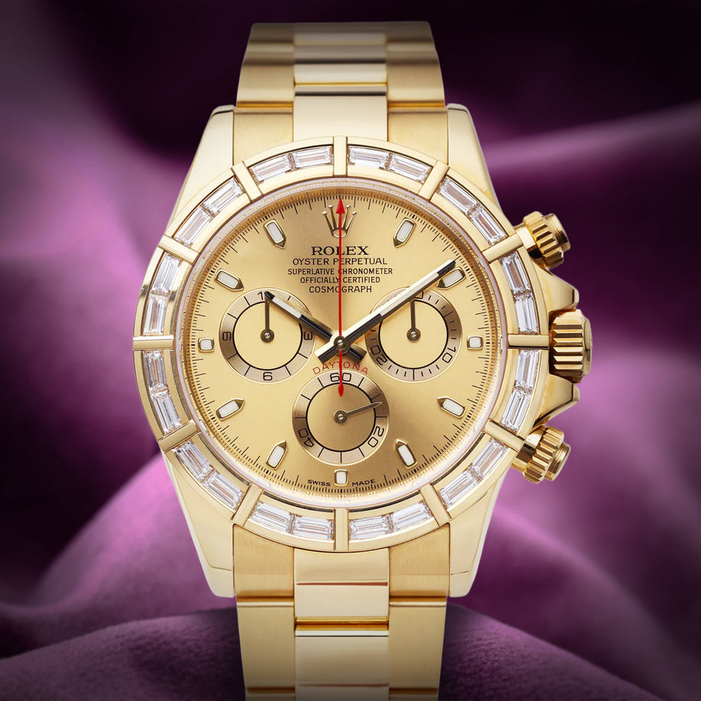 Rolex Daytona 18k Yellow Gold Oyster 116568BR Baguette Diamond Bezel