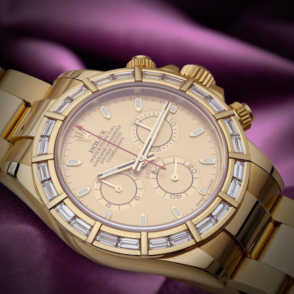 Rolex Daytona 18k Yellow Gold Oyster 116568BR Baguette Diamond Bezel