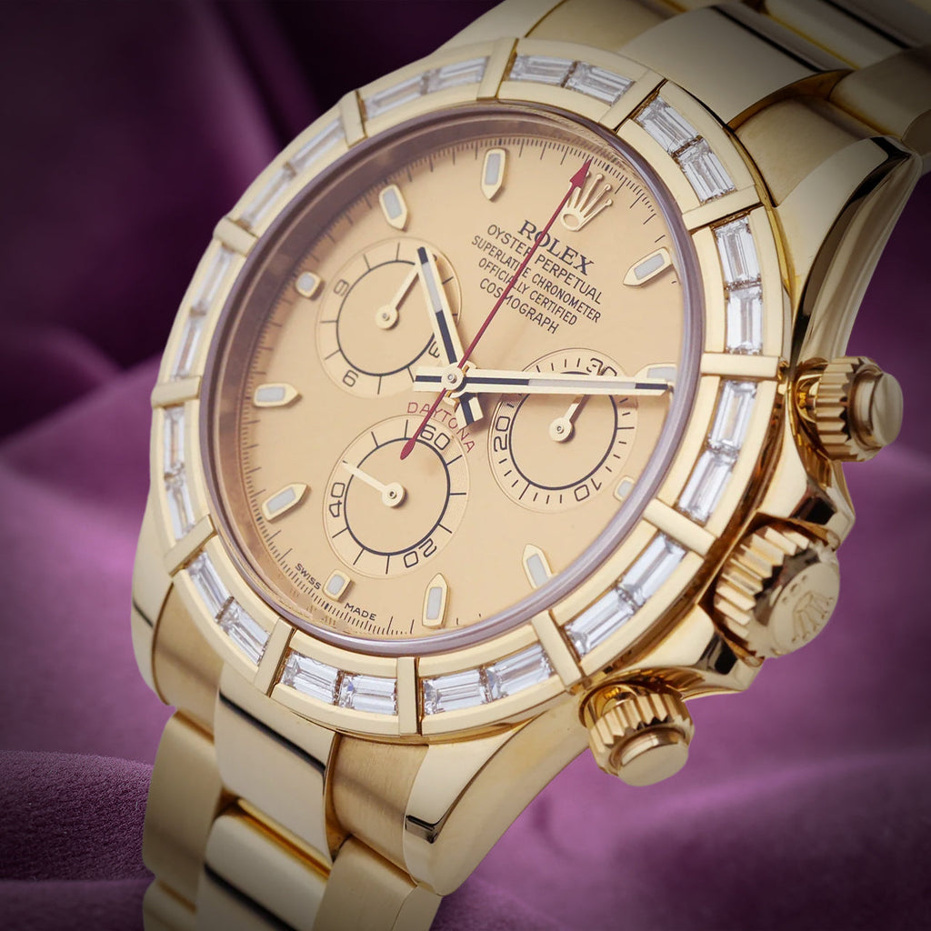 Rolex Daytona 18k Yellow Gold Oyster 116568BR Baguette Diamond Bezel