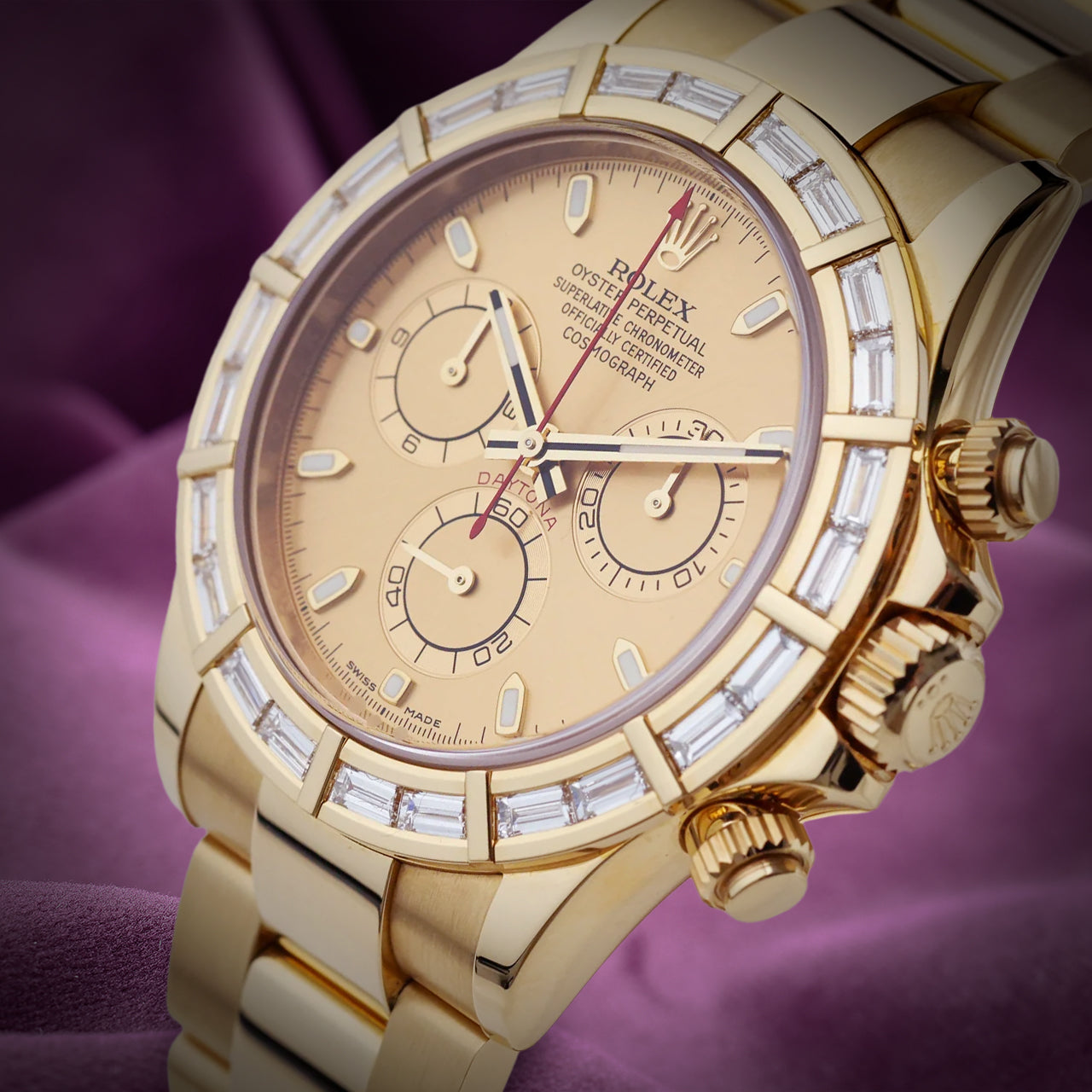Rolex Daytona 18k Yellow Gold Oyster 116568BR Baguette Diamond Bezel