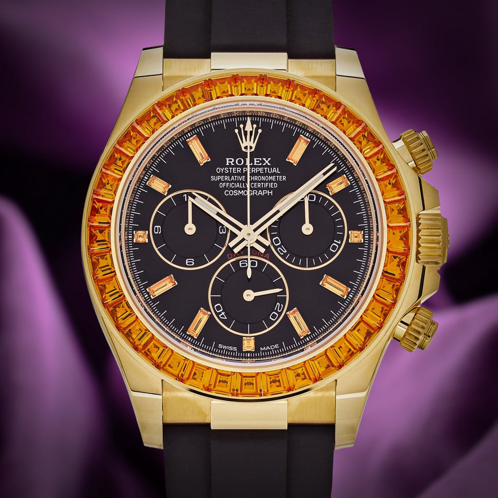 Rolex Daytona Yellow Gold Oysterflex 116588SACO Orange Sapphire Black Diamond