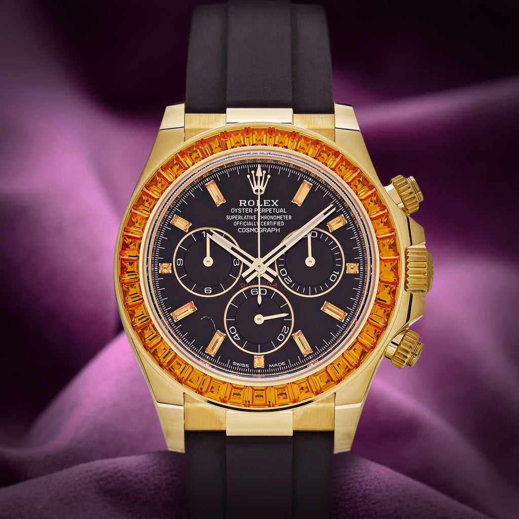 Rolex Daytona Yellow Gold Oysterflex 116588SACO Orange Sapphire Black Diamond