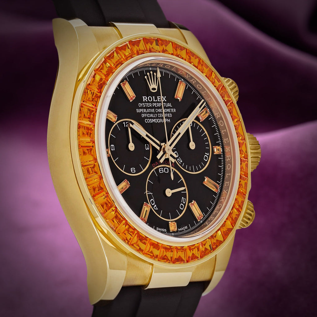 Rolex Daytona Yellow Gold Oysterflex 116588SACO Orange Sapphire Black Diamond