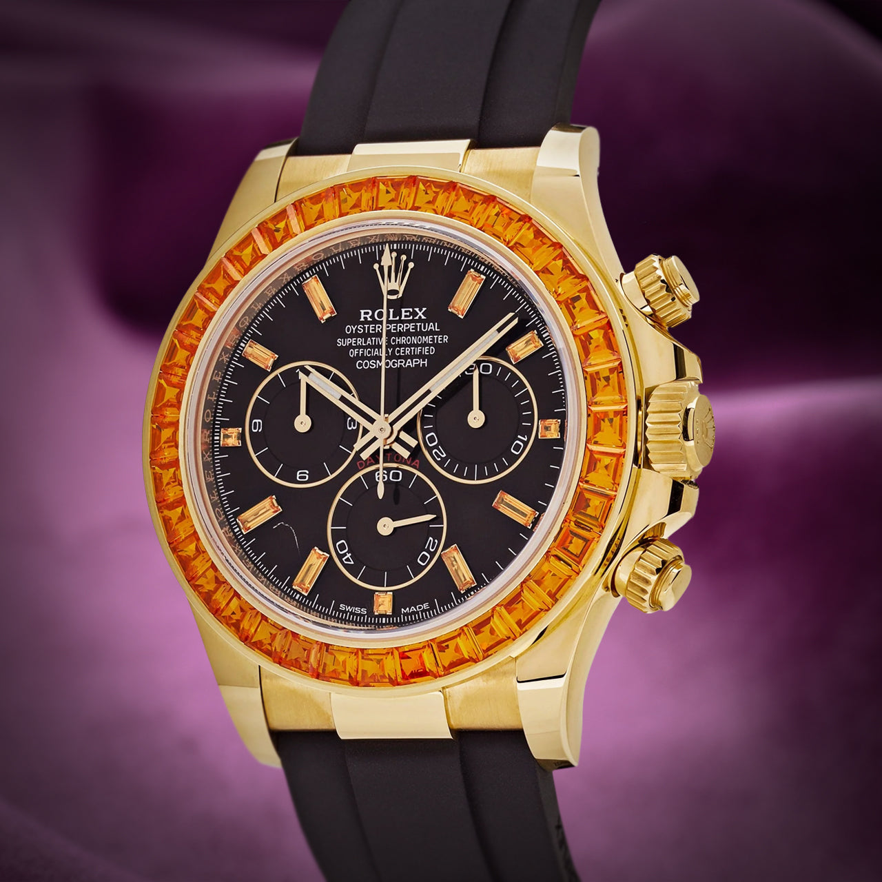 Rolex Daytona Yellow Gold Oysterflex 116588SACO Orange Sapphire Black Diamond