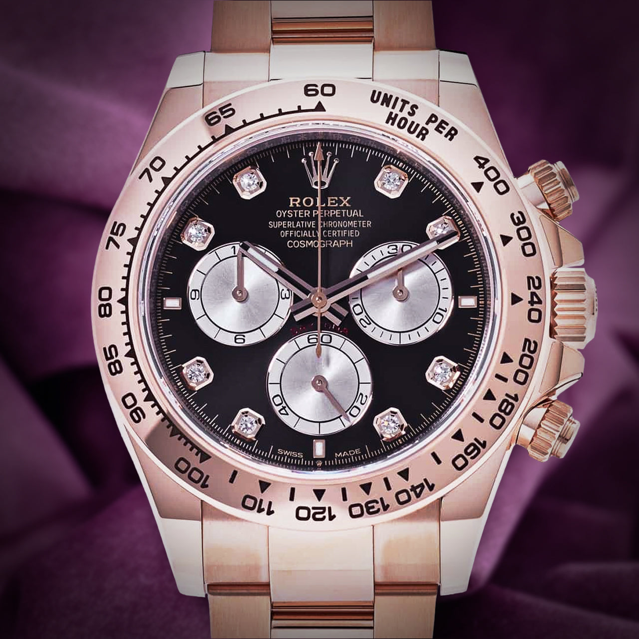 Rolex Daytona 18k Everose Gold Oyster 126505 Black Diamond Dial