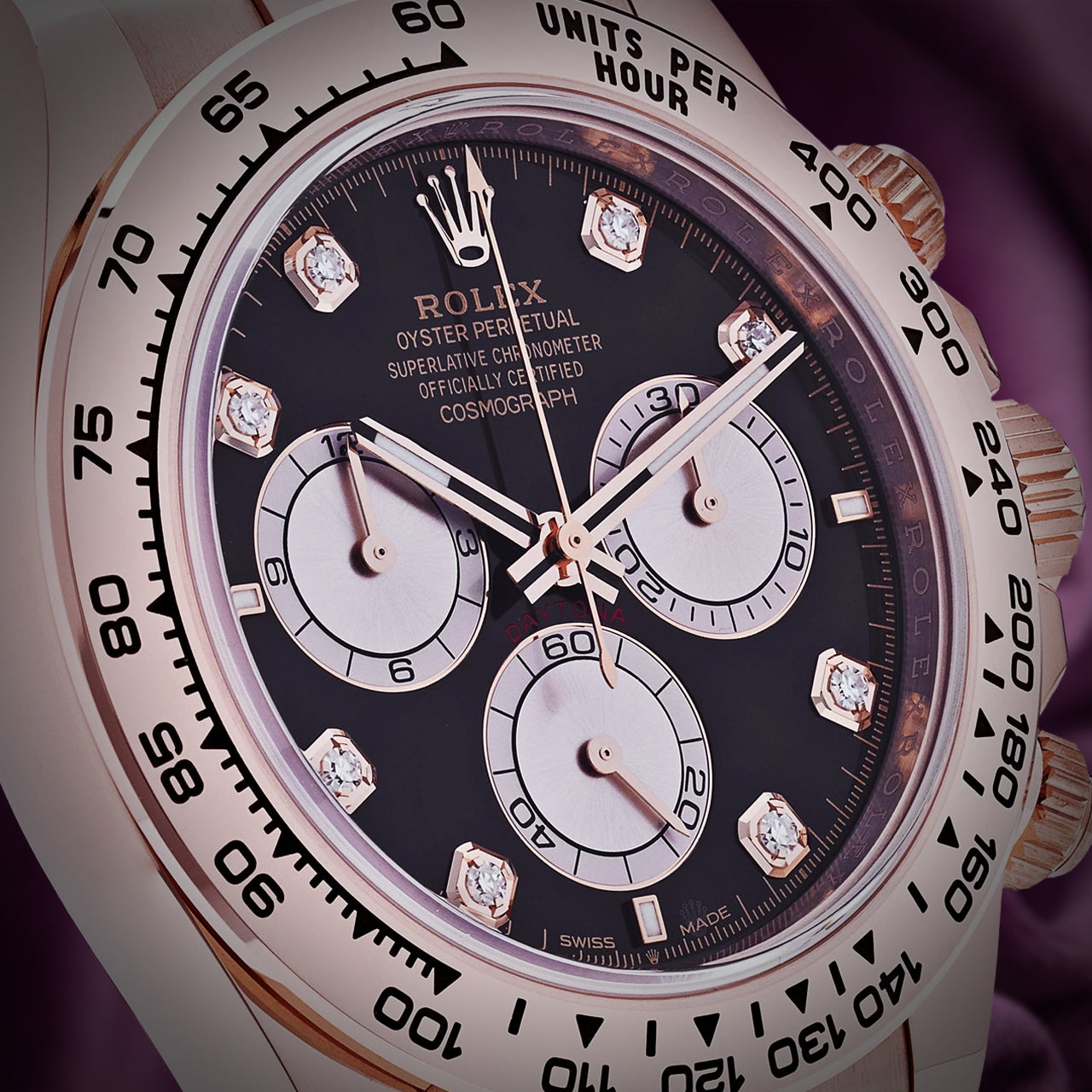Rolex Daytona 18k Everose Gold Oyster 126505 Black Diamond Dial