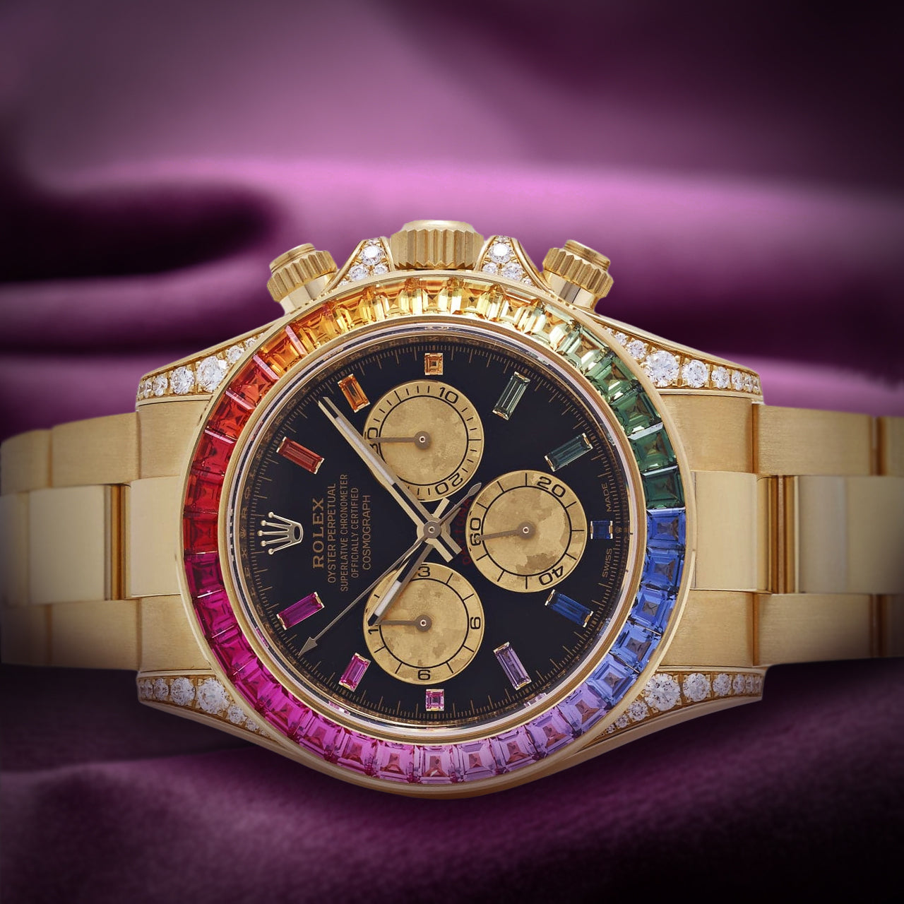 Rolex Daytona Rainbow 18k Yellow Gold Oyster 126598RBOW Black Diamond Dial