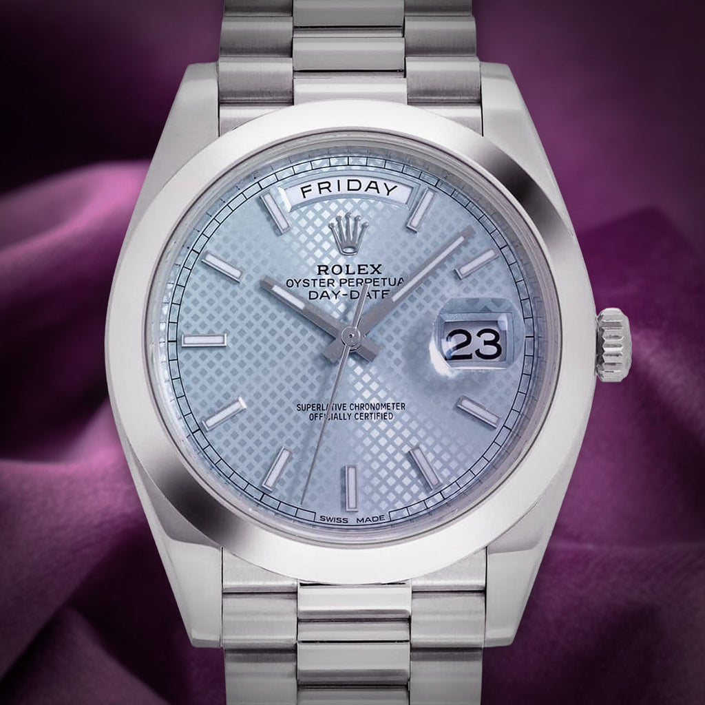 Rolex Day-Date 40 President Platinum 228206 Ice Blue Diagonal Motif Dial