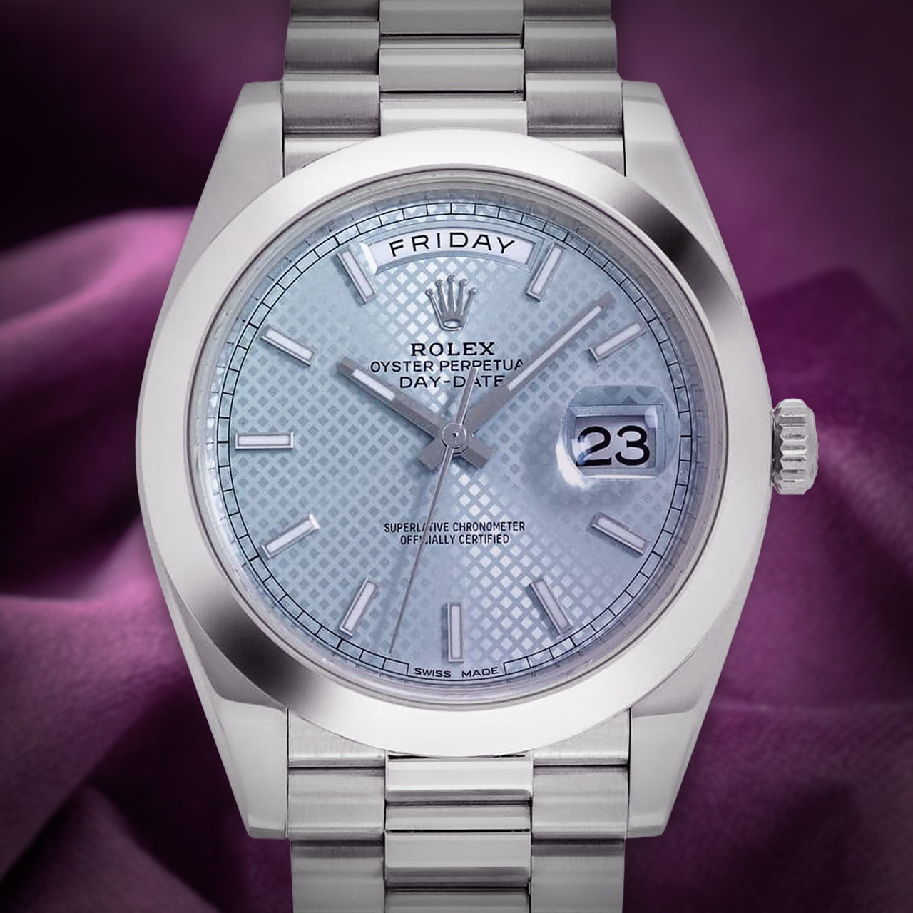 Rolex Day-Date 40 President Platinum 228206 Ice Blue Diagonal Motif Dial