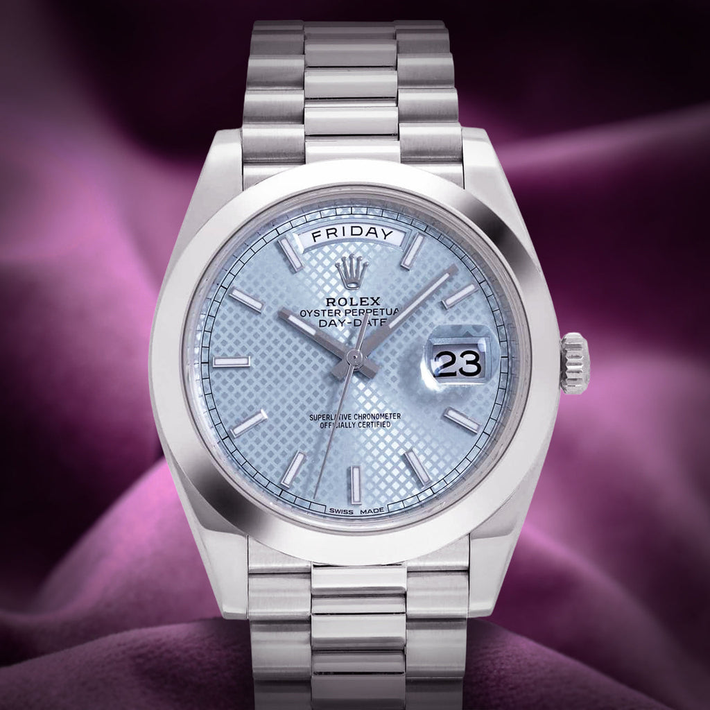 Rolex Day-Date 40 President Platinum 228206 Ice Blue Diagonal Motif Dial