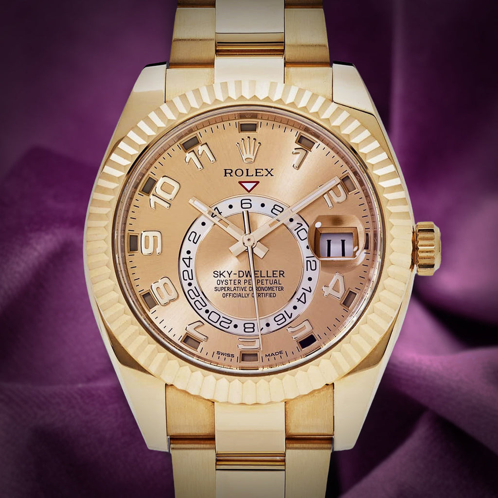 Rolex Sky-Dweller 18k Yellow Gold Oyster 326938 Champagne Dial Arabic Numerals