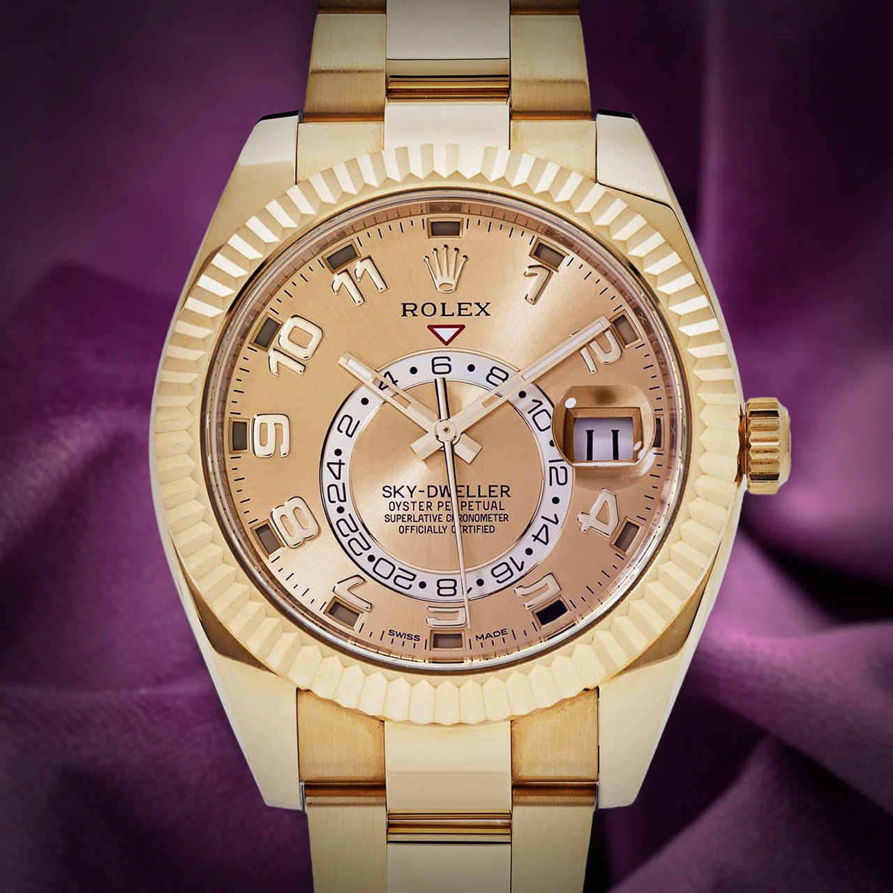Rolex Sky-Dweller 18k Yellow Gold Oyster 326938 Champagne Dial Arabic Numerals