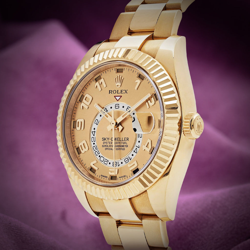 Rolex Sky-Dweller 18k Yellow Gold Oyster 326938 Champagne Dial Arabic Numerals