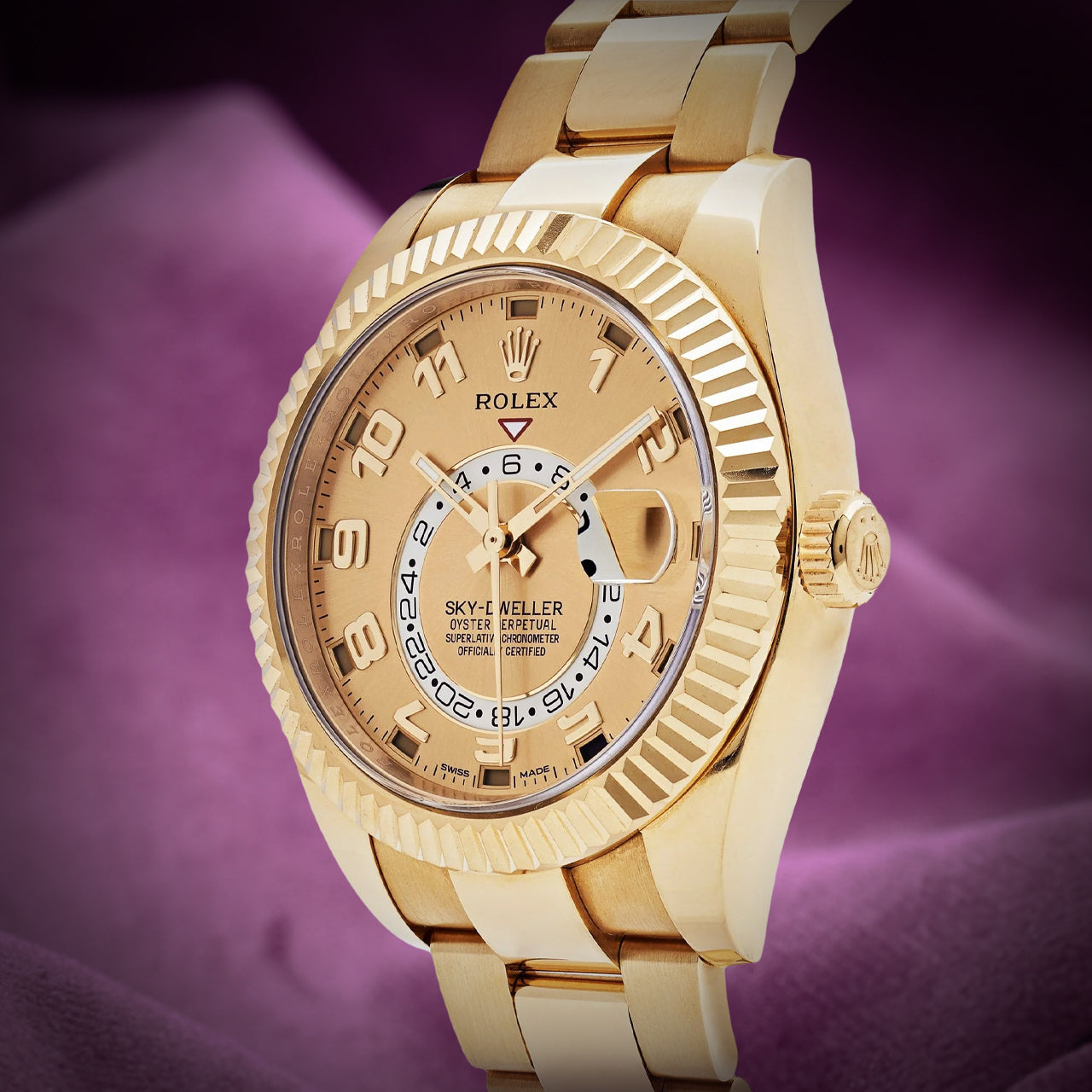 Rolex Sky-Dweller 18k Yellow Gold Oyster 326938 Champagne Dial Arabic Numerals