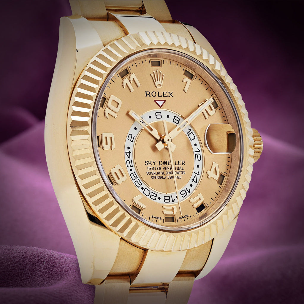 Rolex Sky-Dweller 18k Yellow Gold Oyster 326938 Champagne Dial Arabic Numerals